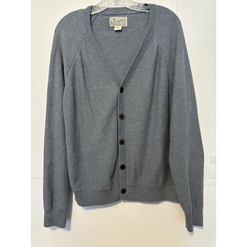 Lucky Brand Grampacore/ Preppie gray V neck button up sweater Size XL